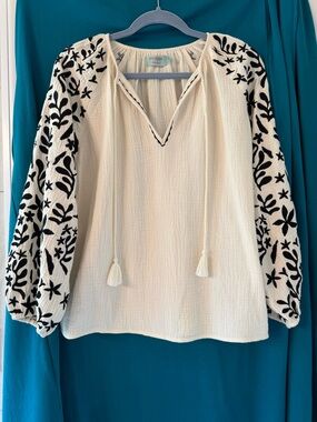 MERSEA Textured Ivory Peasant Blouse with Black Floral Embroidery